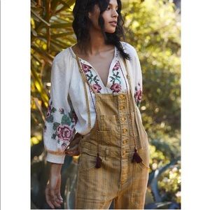 New Pilcro Anthropologie Maize Striped Painters Overalls, mustard yellow